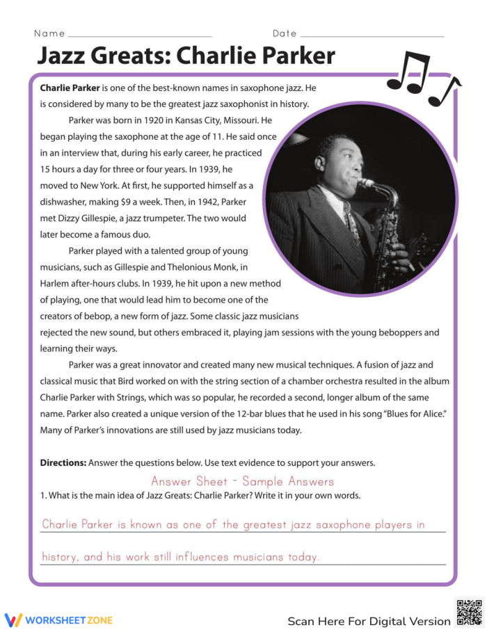 Engaging worksheet on the history of jazz music for fourth graders celebrating Black History Month