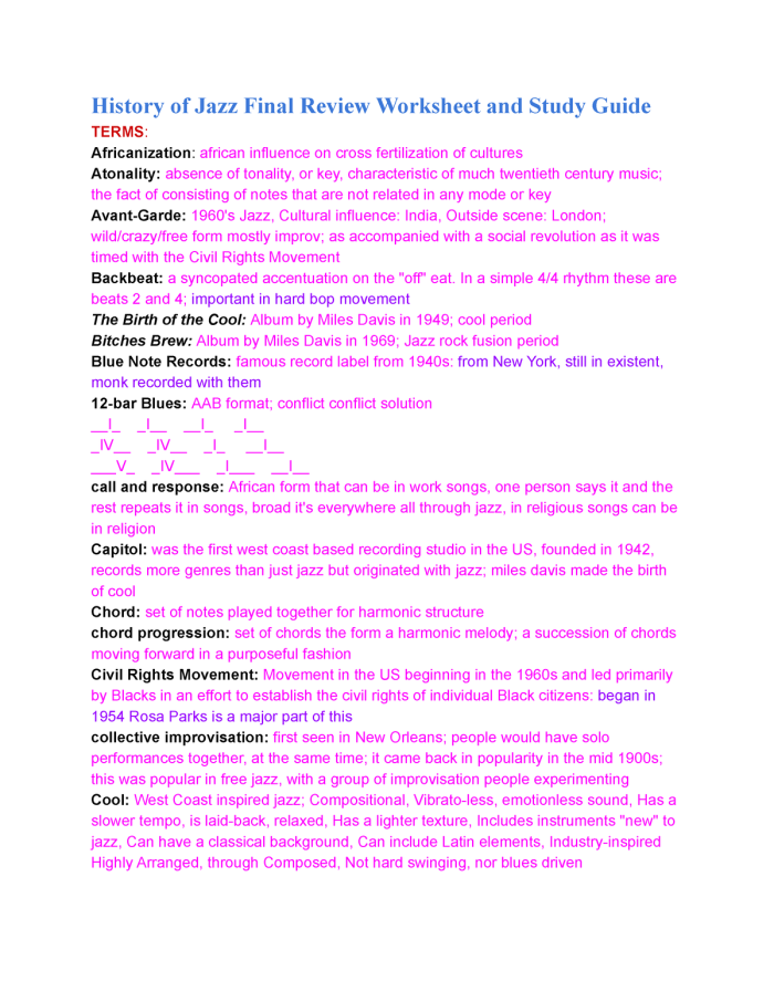 Worksheet featuring the history of jazz music and its cultural significance