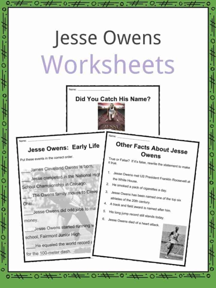 Second grade students reading a short biography passage about Jesse Owens the Olympic athlete and answering comprehension questions on a worksheet