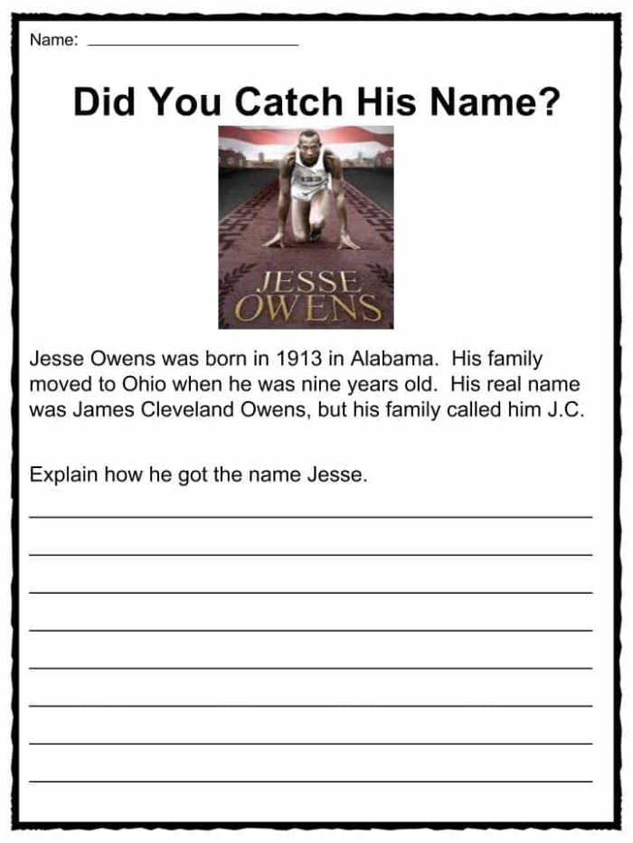 Student reading a short biography about the life and accomplishments of Olympic athlete Jesse Owens