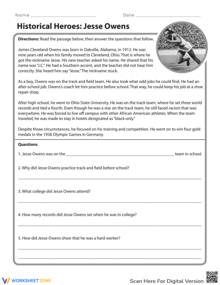 Second grade students reading a short biography passage about Olympic athlete Jesse Owens with comprehension questions below the text