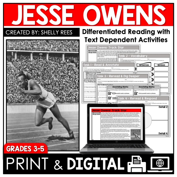 Second grade reading worksheet featuring a historical biography of athlete Jesse Owens with comprehension questions