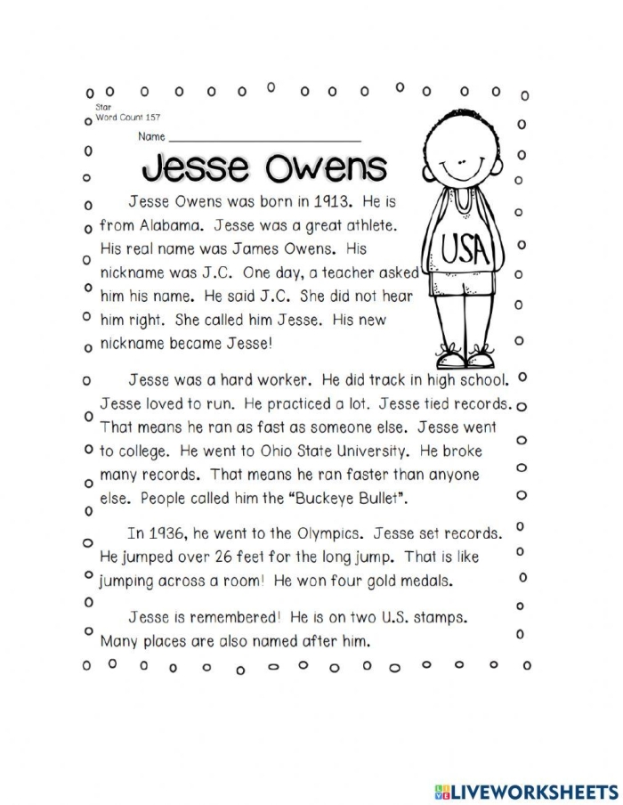 Historical Heroes Jesse Owens worksheet showing a biography passage and questions for second graders