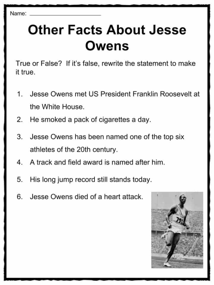 Second grade worksheet featuring a reading passage and comprehension questions about the life of Olympic athlete Jesse Owens