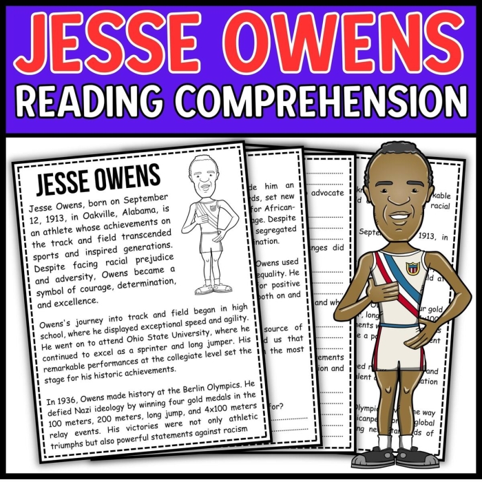 Second grade students reading a short biography passage about Jesse Owens with comprehension questions below the text