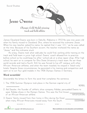Second grade worksheet featuring an educational reading passage and comprehension questions about the historical figure Jesse Owens.
