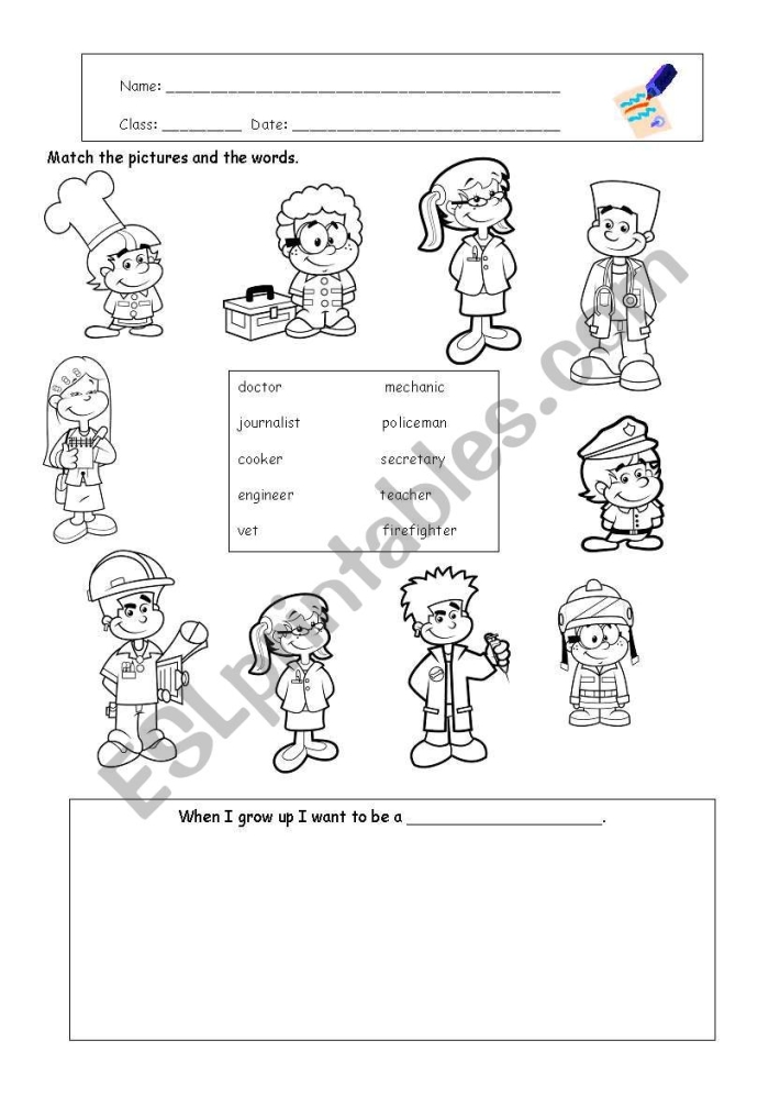 Colorful Job Match worksheet for kindergarteners featuring five workers and their tools