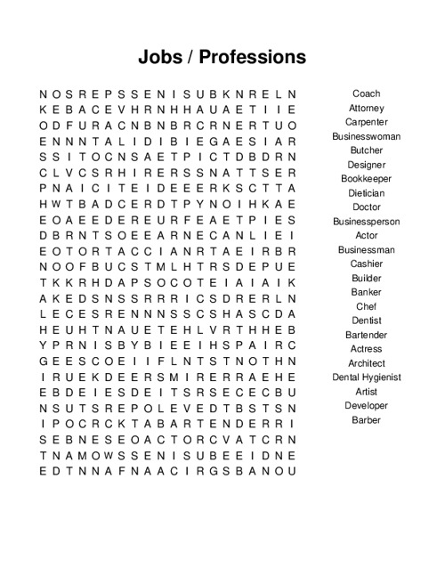 Second grade students find job titles in this engaging sight words word search worksheet