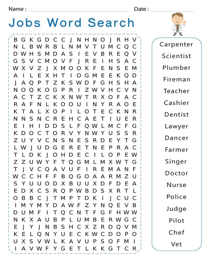 Second grade student completing a Jobs Word Search worksheet about community career vocabulary