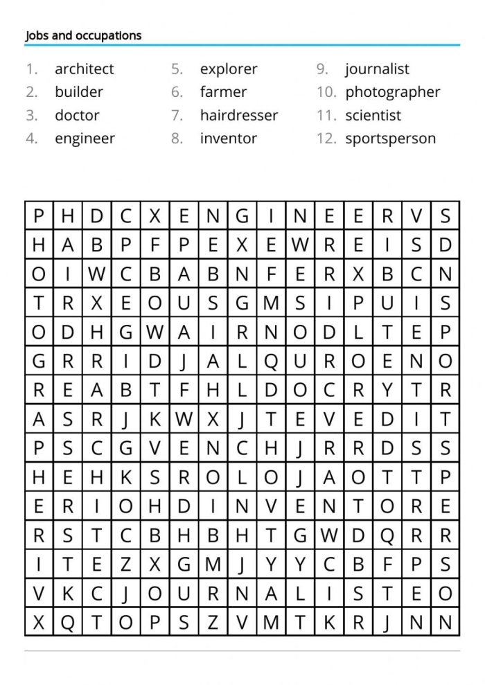 Second grade students searching for job-related sight words in a word search puzzle grid