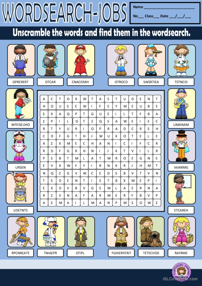 Second grade students searching for job-related words in a puzzle grid activity