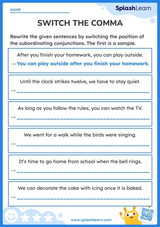 Third grade students practicing joining sentences with commas and conjunctions on an educational worksheet