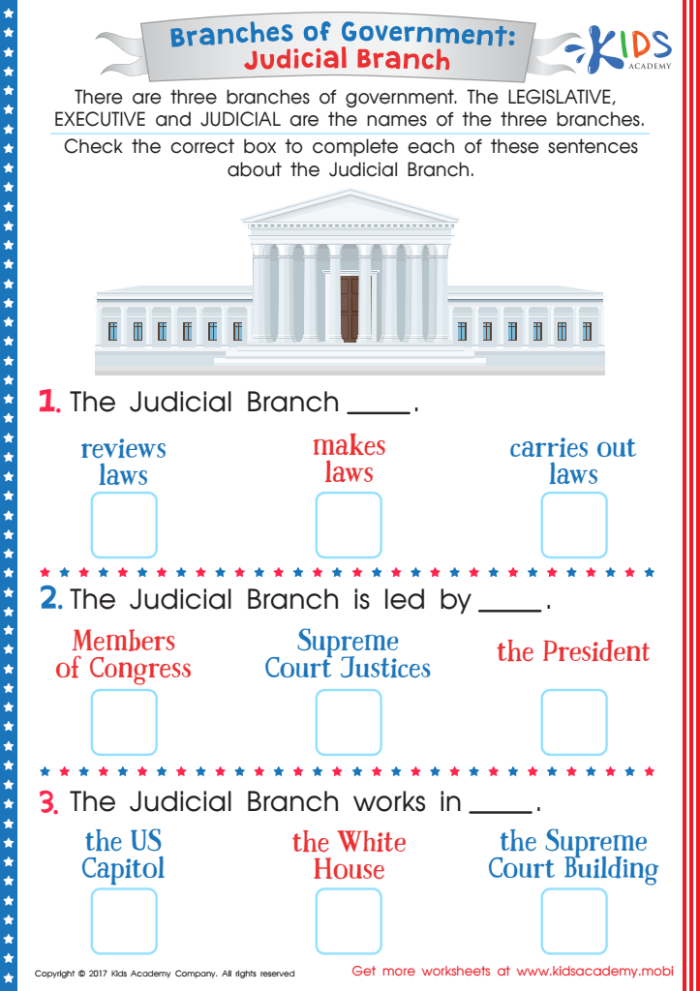 Sixth grade students completing a Supreme Court worksheet activity about the judicial branch of U.S. government