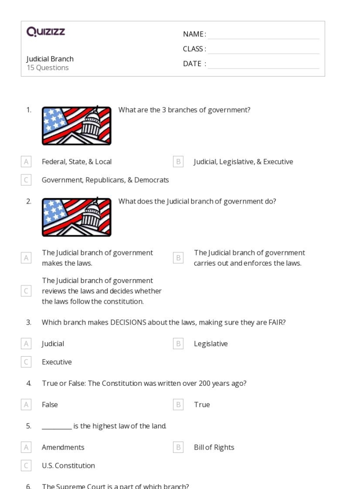 Explore the functions of the judicial branch with this engaging visual aid Judicial Branch worksheet graphic organizer for sixth-grade students