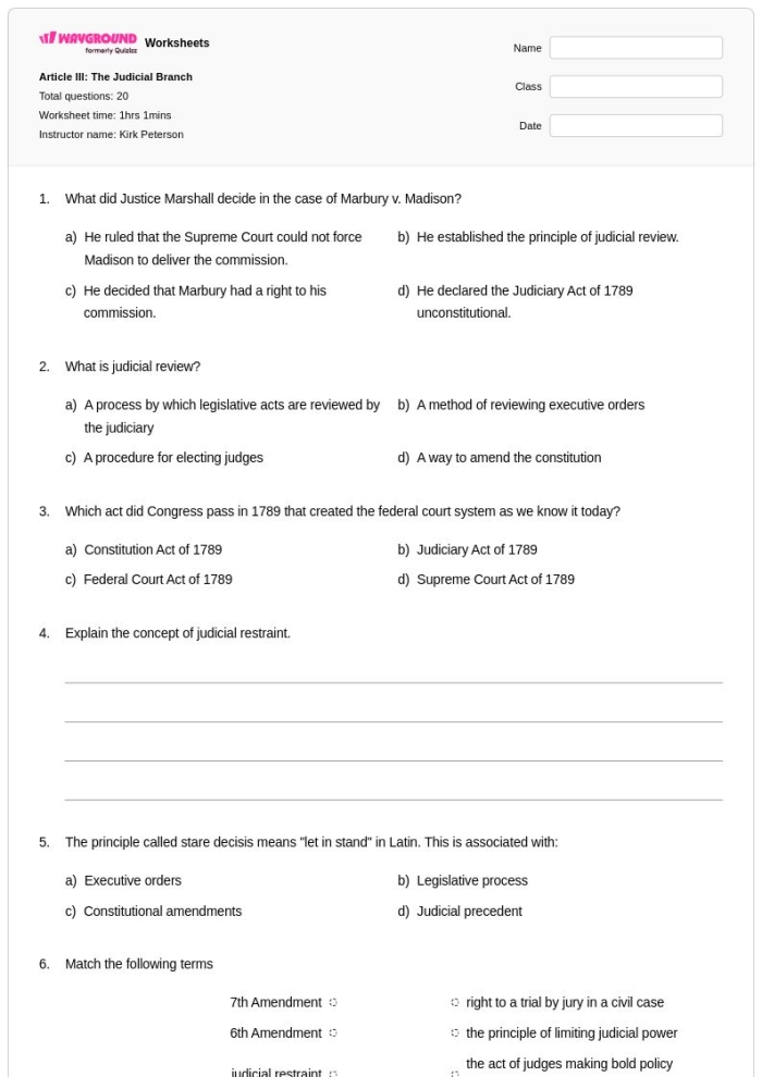 Judicial Branch Worksheet for Sixth Grade Social Studies Students Sixth grade graphic organizer worksheet about the federal judicial branch