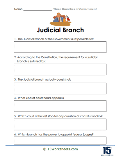 Sixth grade social studies worksheet covering the U.S. Supreme Court and the judicial branch