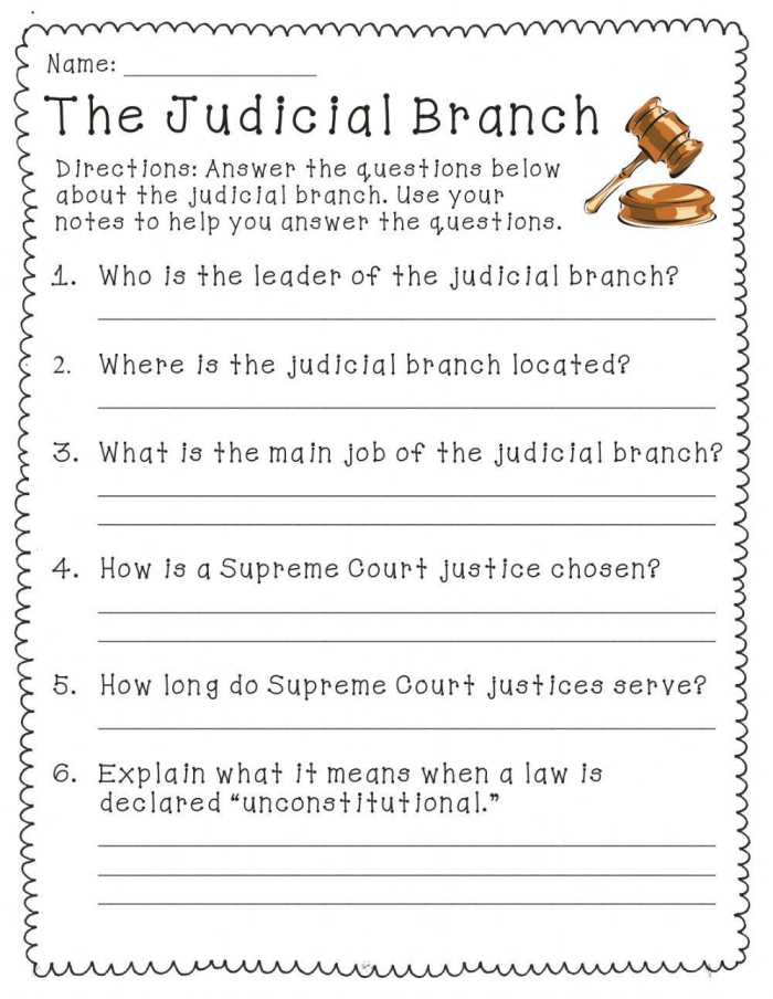 Sixth grade history worksheet about the judicial branch and Supreme Court facts