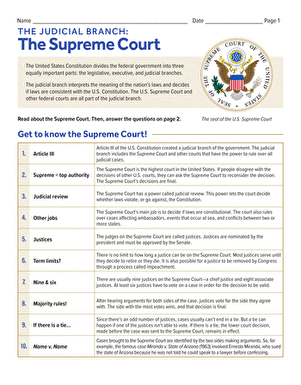 Sixth grade history worksheet about the judicial branch and Supreme Court facts