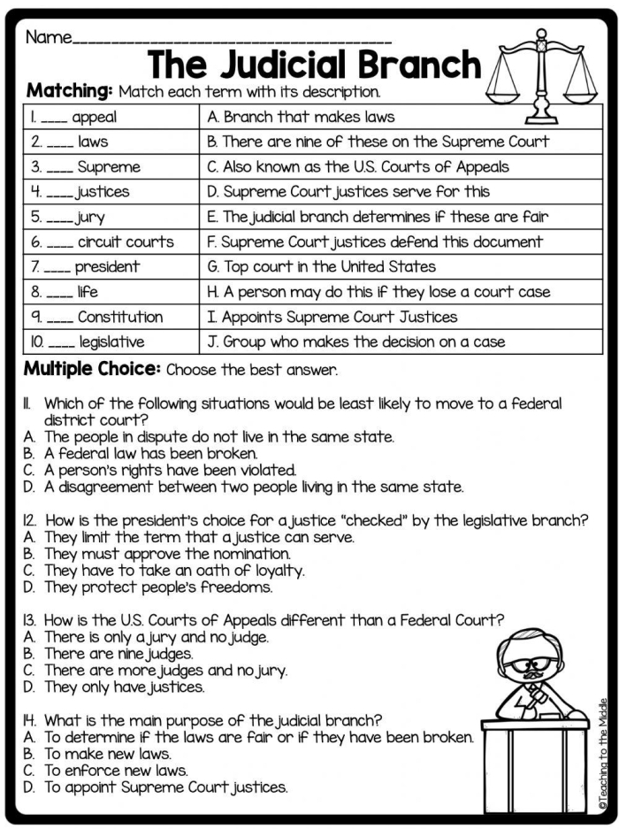 Sixth grade students completing a worksheet about the Supreme Court and judicial branch with facts and civics questions