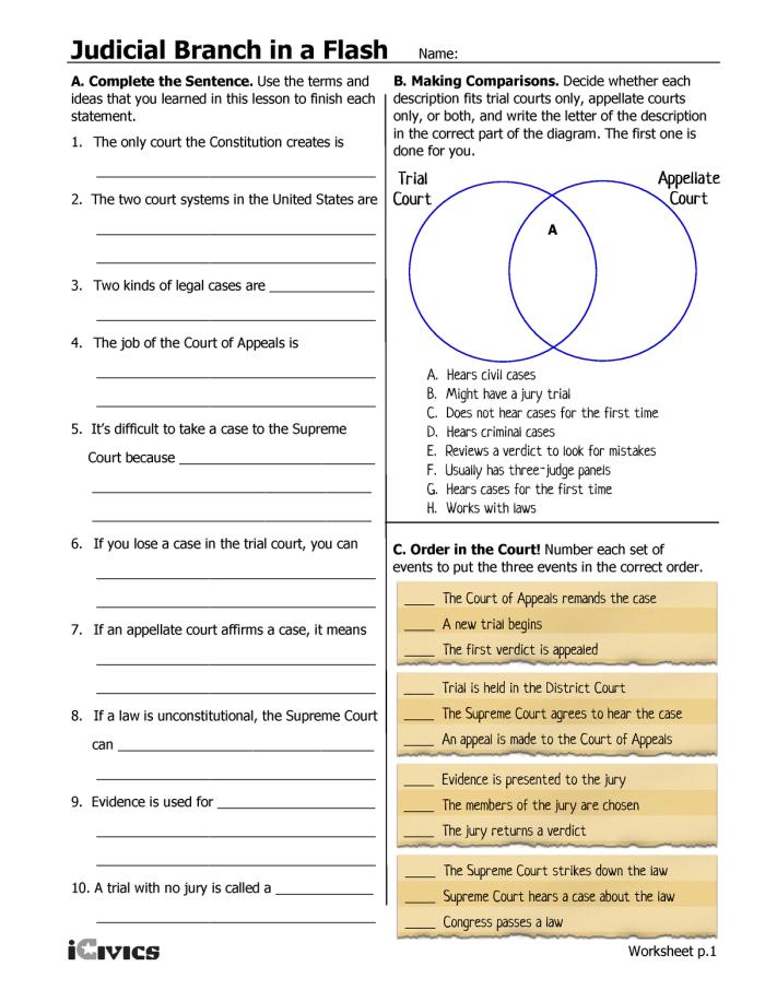 Graphic organizer for understanding the judicial branch of the federal government Worksheet illustrating the functions of the judicial branch for sixth graders