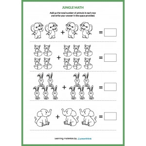Jungle Addition worksheet featuring one and two digit addition problems for first graders