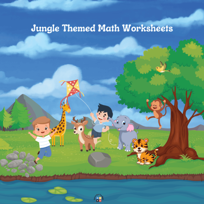 First grade jungle addition worksheet featuring one and two digit math problems for young learners
