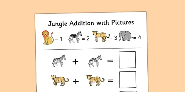 Jungle-themed worksheet featuring addition problems for first graders