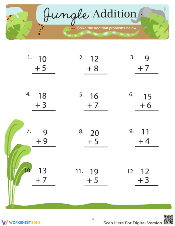 Jungle Addition worksheet for first graders featuring various one and two digit addition problems
