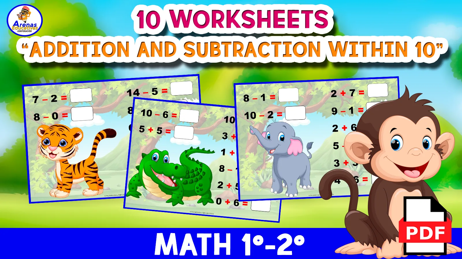 Jungle-themed addition worksheet for first graders featuring one and two digit problems