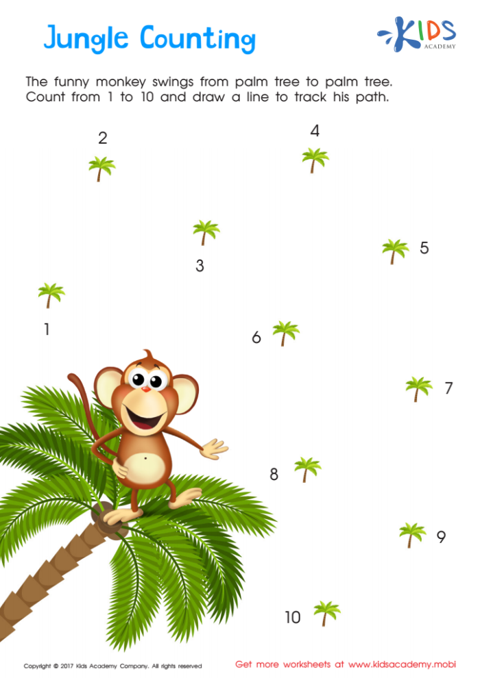 Jungle-themed addition worksheet with one and two digit problems for first graders