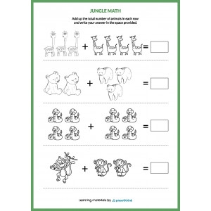 Colorful Jungle Addition worksheet for first graders featuring one and two digit math problems. Engaging math adventure for young learners in a jungle setting.