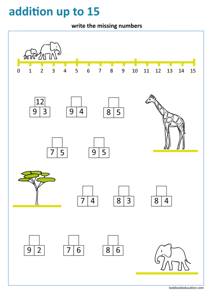 Jungle Addition worksheet featuring one and two digit math problems for first graders