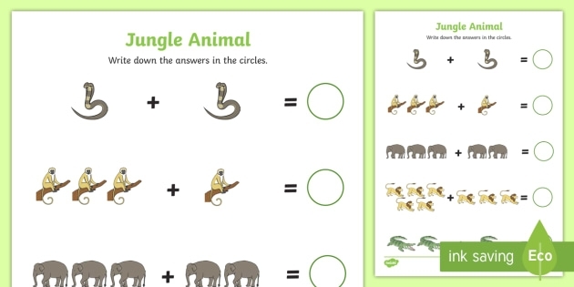 Jungle Addition worksheet for first graders featuring one and two digit math problems