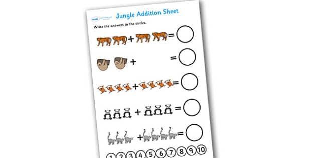 Jungle Addition worksheet featuring one and two digit addition problems for first graders