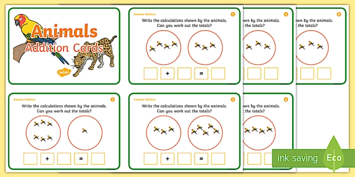 Colorful Jungle Addition worksheet for first graders featuring one and two digit math problems
