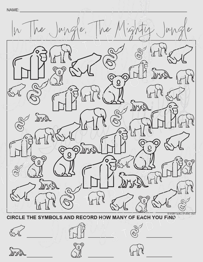 Jungle Addition worksheet featuring one and two digit addition problems for first graders
