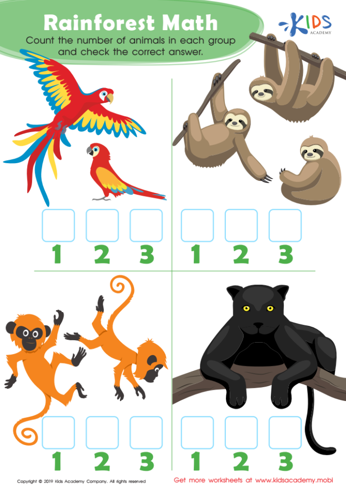 Jungle Addition worksheet featuring one and two digit math problems for first graders