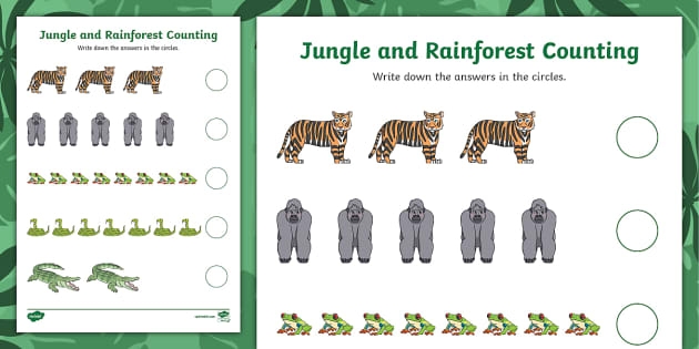 Colorful Jungle Addition worksheet featuring one and two digit math problems for first graders