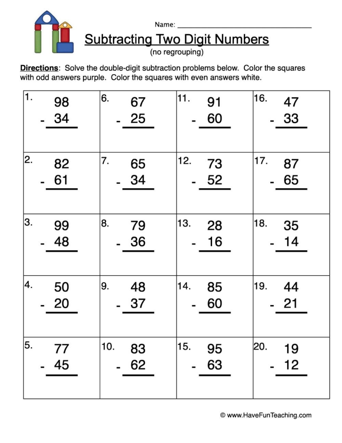 Second grade math worksheet featuring jungle animals and two digit subtraction with regrouping problems
