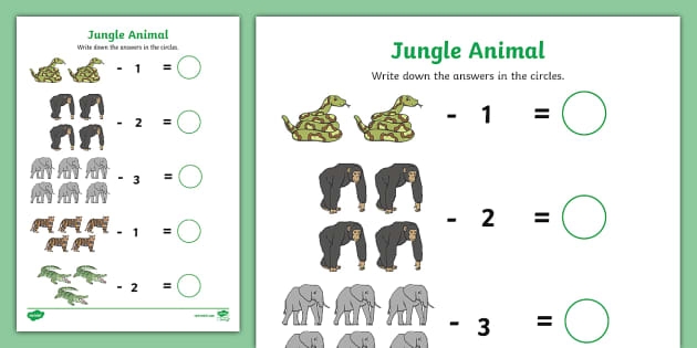 First grade students solve jungle-themed subtraction problems featuring regrouping practice