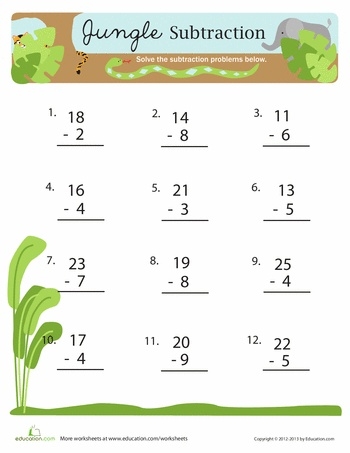 First grade student solving safari themed subtraction math problems on a worksheet