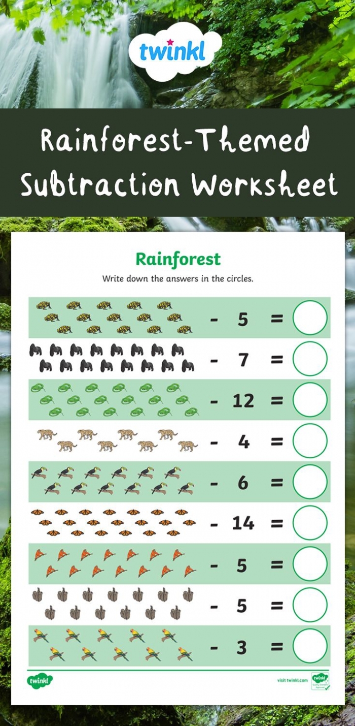 First grade math worksheet featuring jungle animal illustrations for practicing subtraction and regrouping