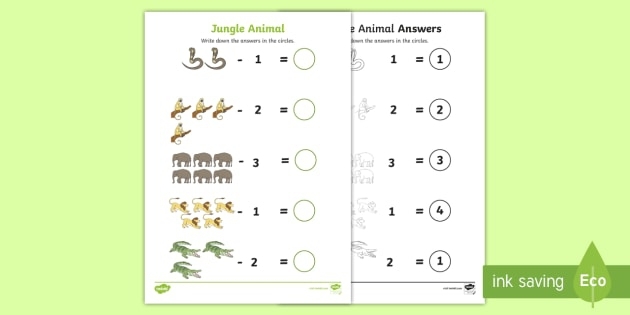 Colorful jungle-themed subtraction worksheet for first graders to practice basic math skills.