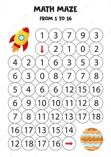 Astronauts navigating a maze to find Jupiter in a fun worksheet for first graders