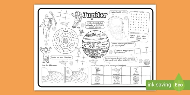 Astronauts navigating a maze to find Jupiter in a fun worksheet for first graders