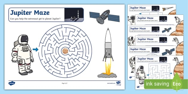 Astronauts navigating a maze to find Jupiter on a space adventure worksheet