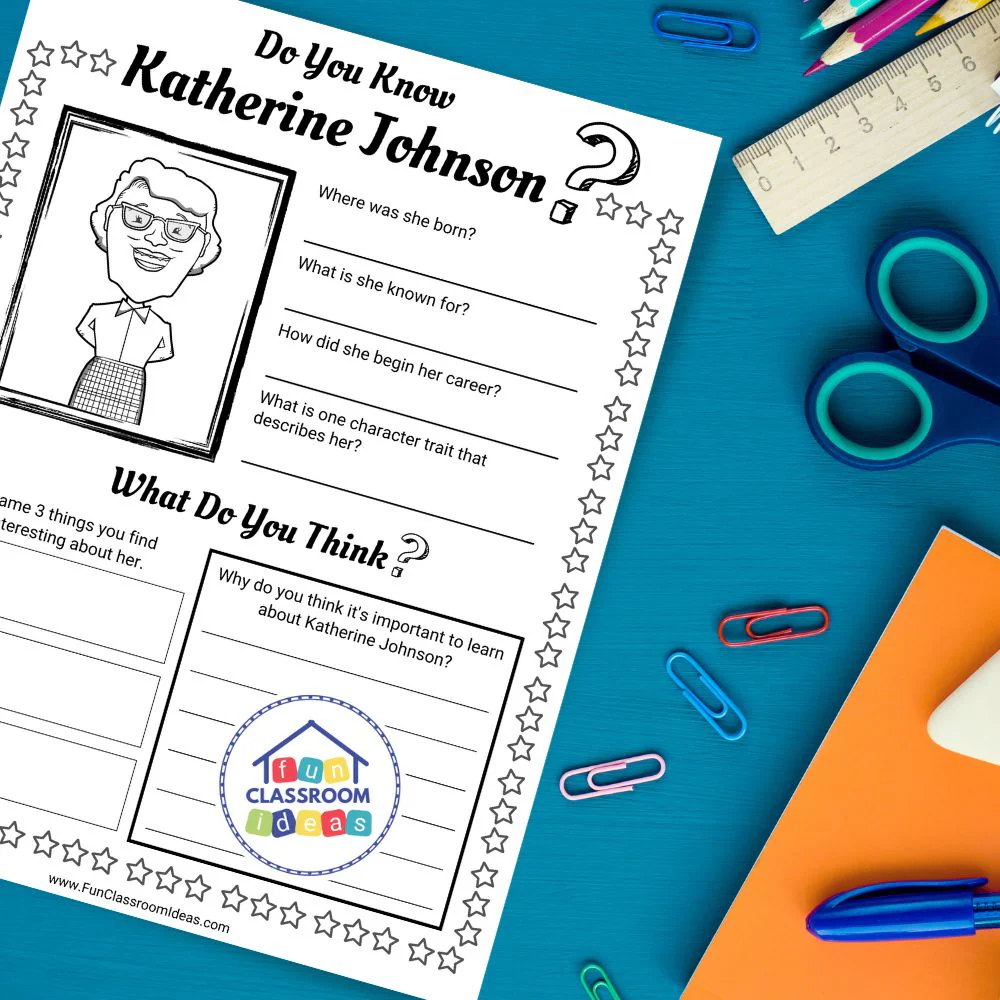 Illustration of a reading comprehension worksheet featuring Katherine Johnson, aimed at second graders studying algebra