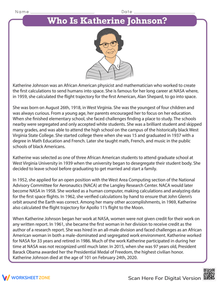 Katherine Johnson worksheet for second graders focusing on reading comprehension and math skills