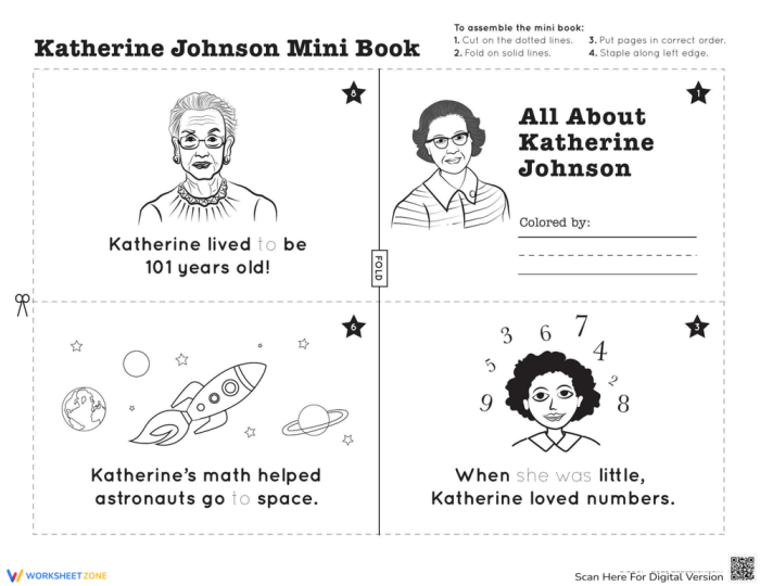 Kindergarten student coloring a Katherine Johnson biography mini book worksheet about the NASA mathematician