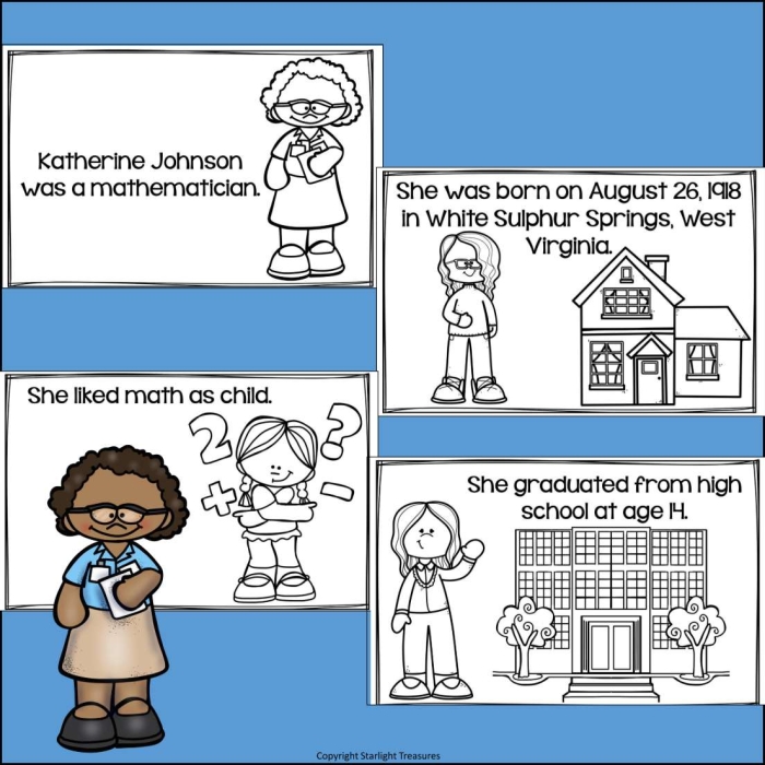 Kindergarten student coloring a Katherine Johnson mini book worksheet about her life at NASA